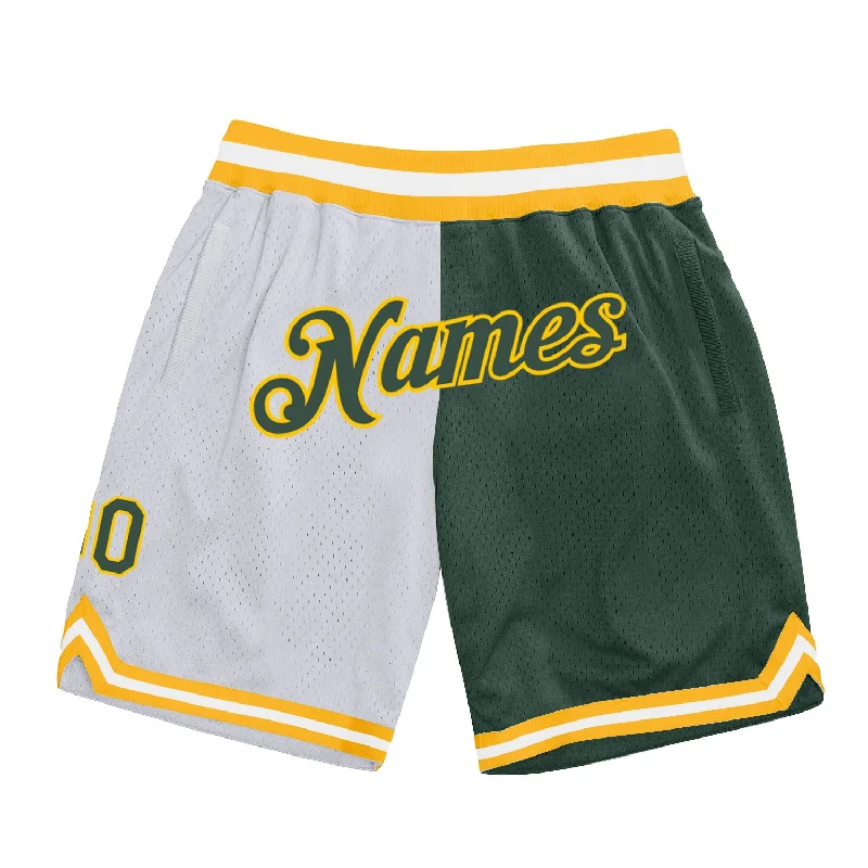 One Size White Hunter Green-Gold Authentic Throwback Split Fashion Basketball Shorts