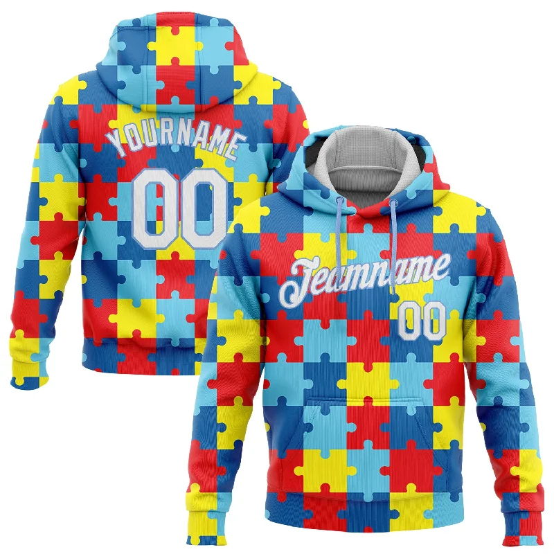 One Size Autism Awareness Puzzle Pieces White-Light Blue 3D Pattern Design Sports Pullover Sweatshirt Hoodie