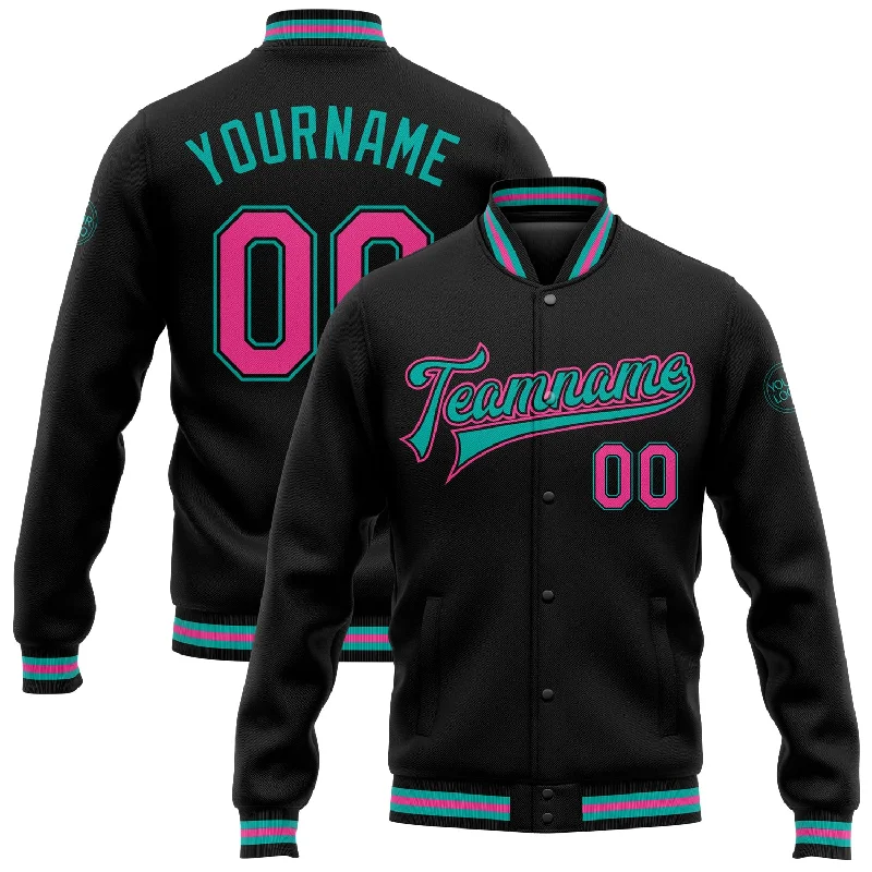 One Size Black Pink-Aqua Bomber Full-Snap Varsity Letterman Jacket