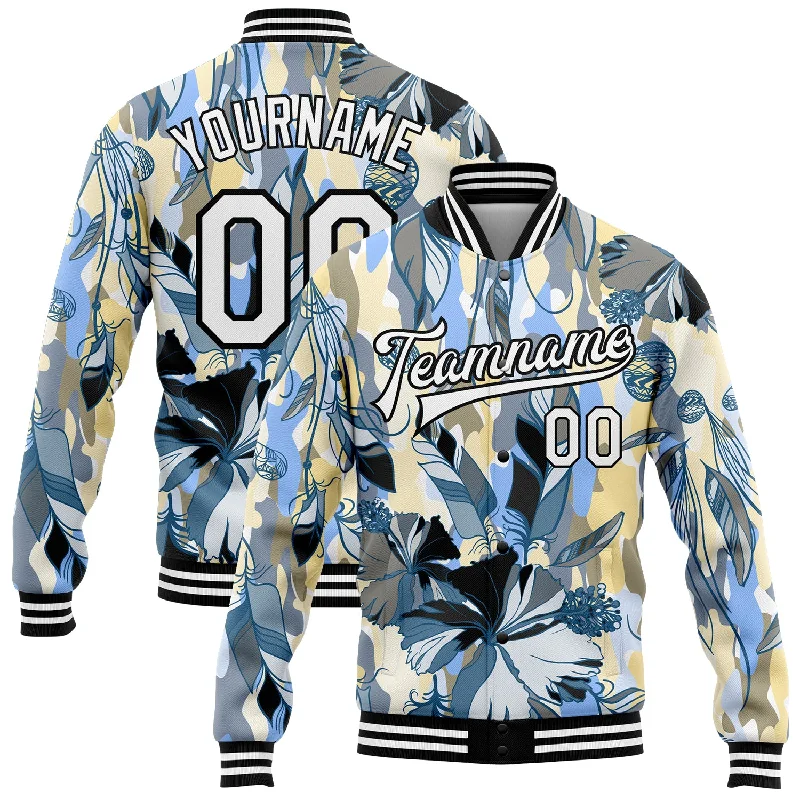 Functional And Stylish Unisex Wear One Size Camo White-Black Boho Style 3D Pattern Design Bomber Full-Snap Varsity Letterman Salute To Service Jacket