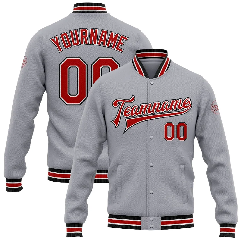 One Size Gray Red-Black Bomber Full-Snap Varsity Letterman Jacket