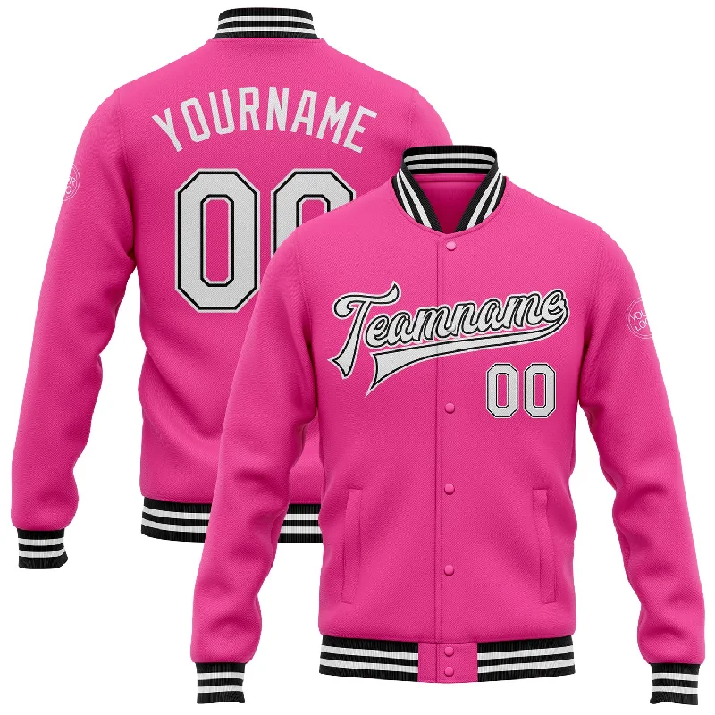 One Size Pink White-Black Bomber Full-Snap Varsity Letterman Jacket