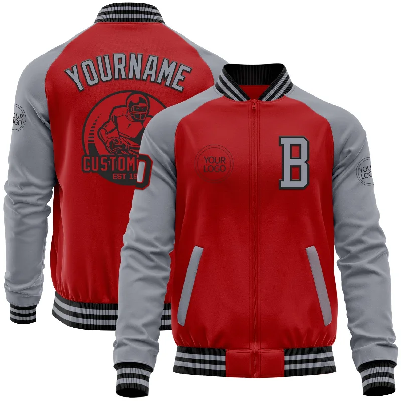 One Size Red Gray-Black Bomber Varsity Letterman Two Tone Zipper Jacket