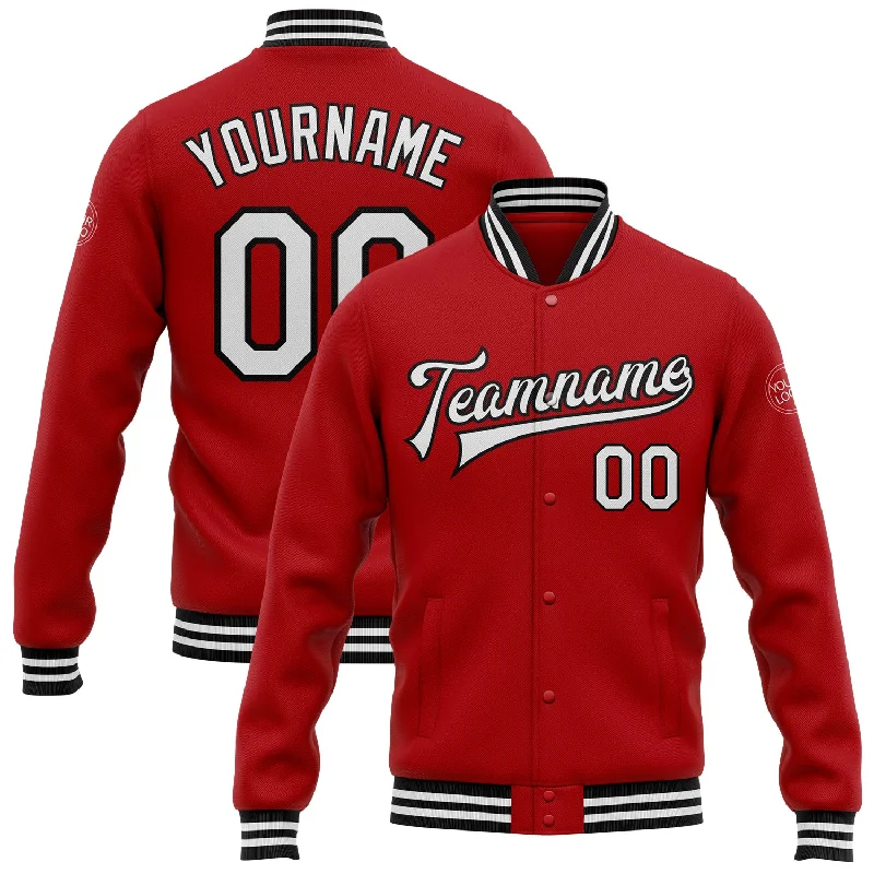 One Size Red White-Black Bomber Full-Snap Varsity Letterman Jacket