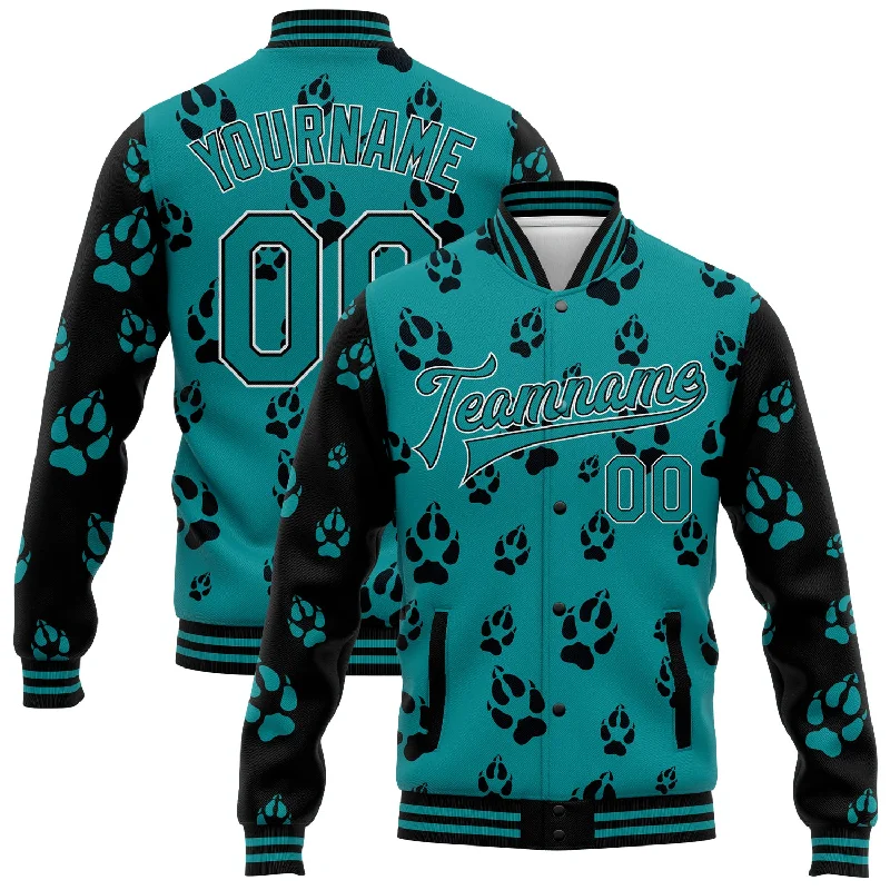 One Size Teal Black-White Wolf 3D Pattern Design Bomber Full-Snap Varsity Letterman Jacket