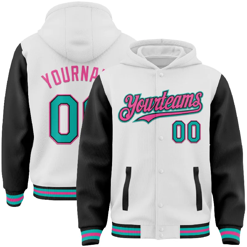 One Size White Aqua Black-Pink Bomber Full-Snap Varsity Letterman Two Tone Hoodie Jacket