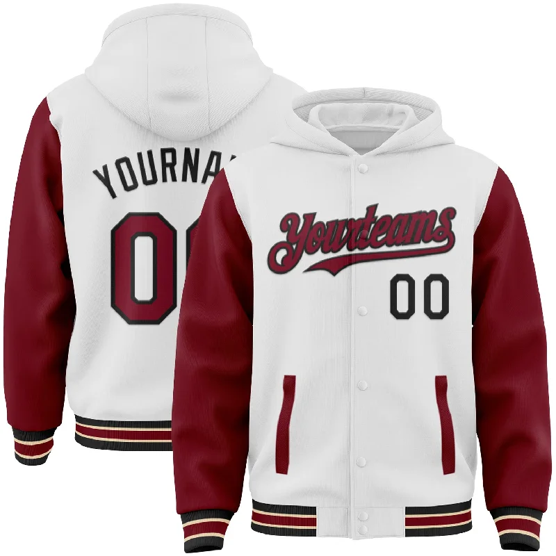 One Size White Crimson Black-City Cream Bomber Full-Snap Varsity Letterman Two Tone Hoodie Jacket