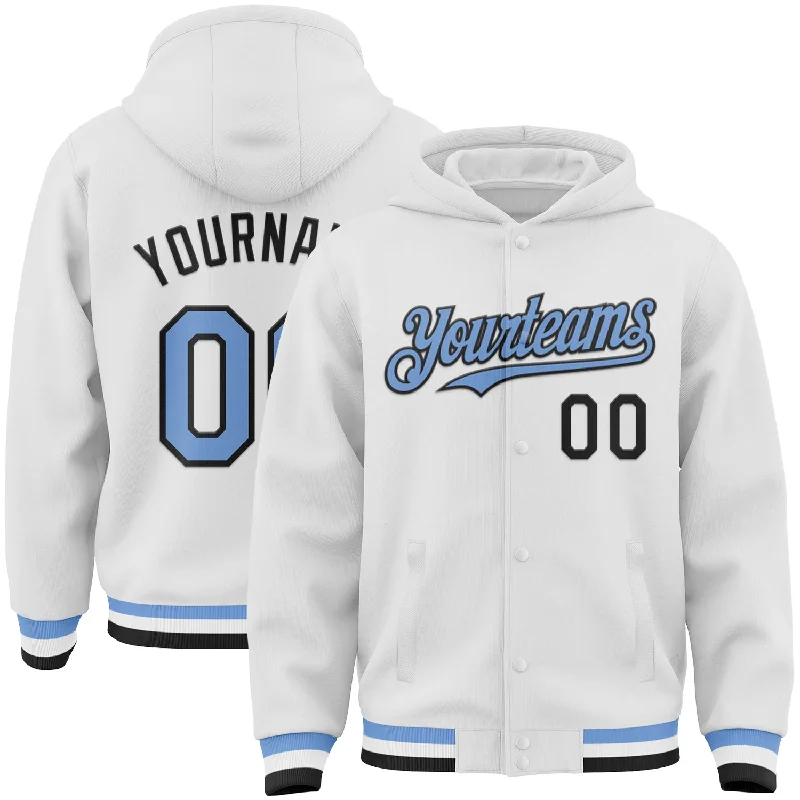 One Size White Light Blue-Black Bomber Full-Snap Varsity Letterman Hoodie Jacket