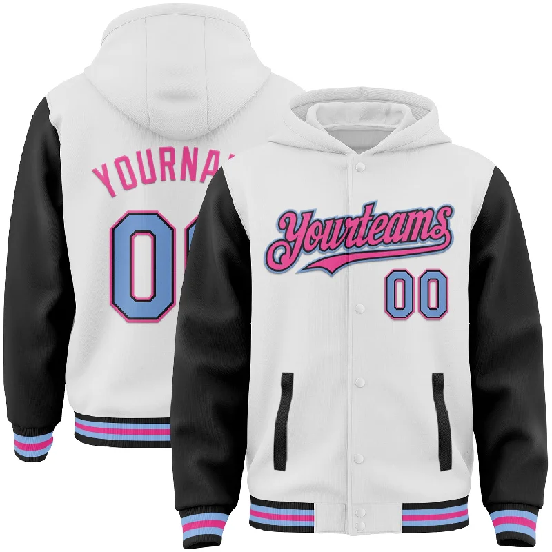 One Size White Light Blue Black-Pink Bomber Full-Snap Varsity Letterman Two Tone Hoodie Jacket