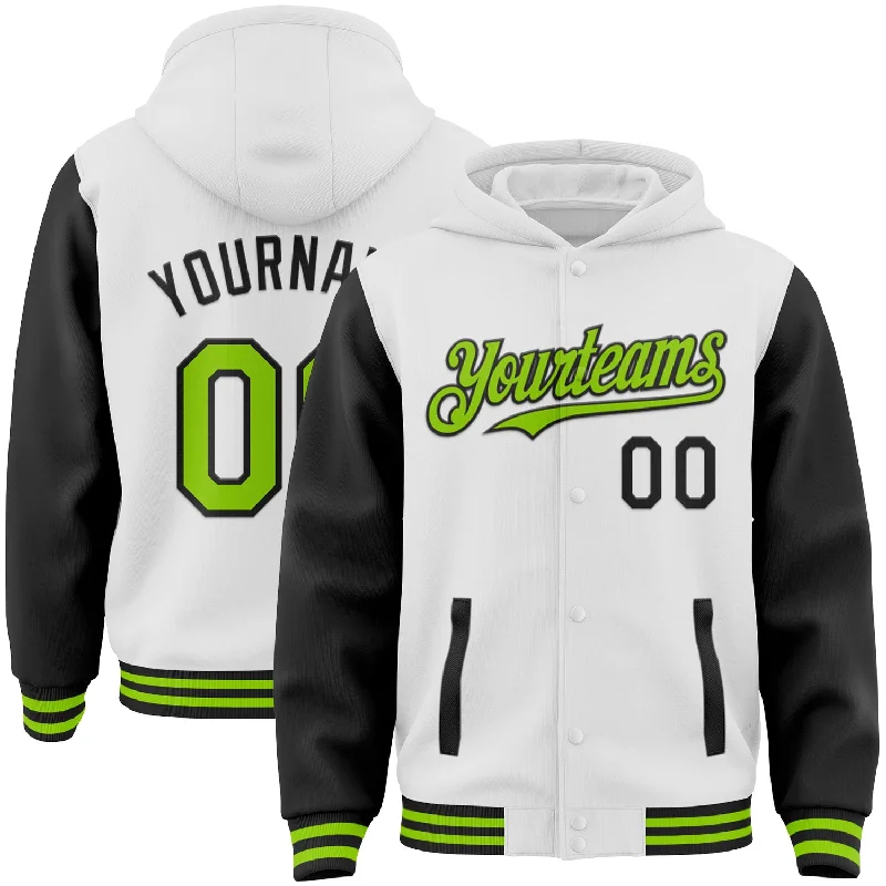 One Size White Neon Green-Black Bomber Full-Snap Varsity Letterman Two Tone Hoodie Jacket