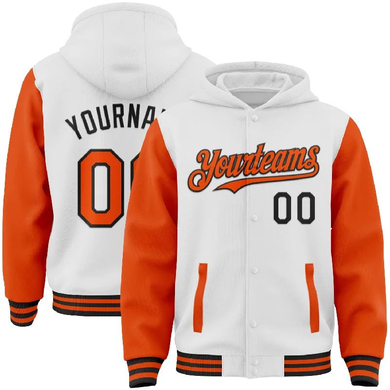 One Size White Orange-Black Bomber Full-Snap Varsity Letterman Two Tone Hoodie Jacket