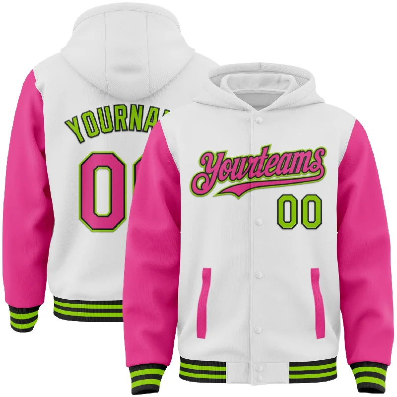 One Size White Pink Black-Neon Green Bomber Full-Snap Varsity Letterman Two Tone Hoodie Jacket