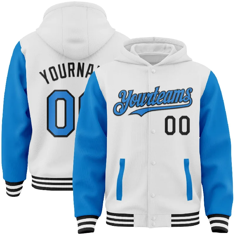 One Size White Powder Blue-Black Bomber Full-Snap Varsity Letterman Two Tone Hoodie Jacket