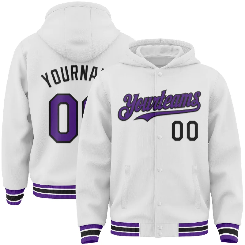 One Size White Purple-Black Bomber Full-Snap Varsity Letterman Hoodie Jacket