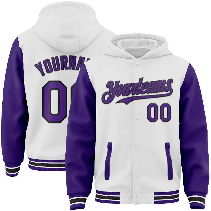 One Size White Purple-Black Bomber Full-Snap Varsity Letterman Two Tone Hoodie Jacket