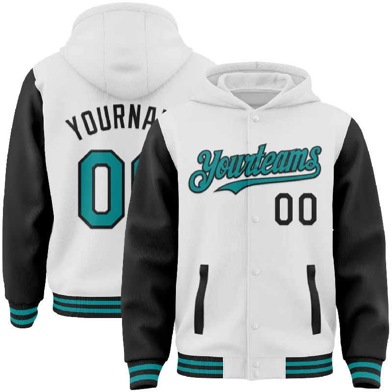 One Size White Teal-Black Bomber Full-Snap Varsity Letterman Two Tone Hoodie Jacket