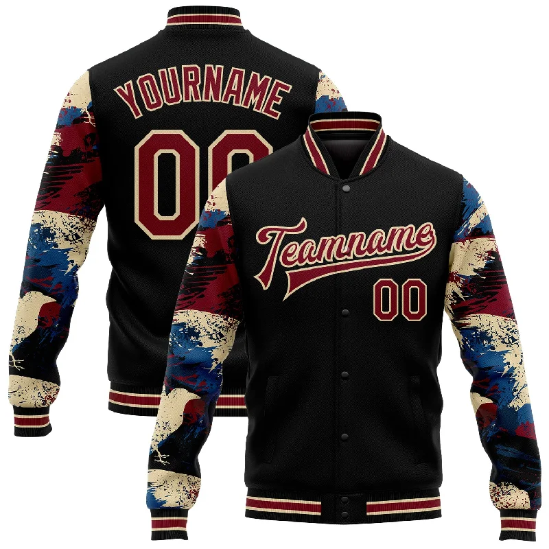 Bold And Trendy Gender-Neutral Outfits One Size Black Crimson-City Cream Crow Sleeves 3D Pattern Design Bomber Full-Snap Varsity Letterman Jacket