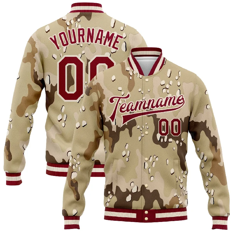 Trendy Unisex Streetwear Fashion One Size Camo Maroon-Cream Desert Camouflage 3D Bomber Full-Snap Varsity Letterman Salute To Service Jacket