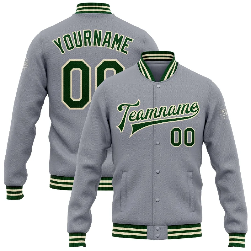 Urban-Inspired Unisex Fashion Trends One Size Gray Green-Cream Bomber Full-Snap Varsity Letterman Jacket