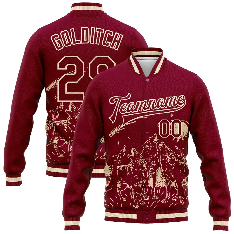 One Size Maroon Cream Wolf Fullmoon Party 3D Pattern Design Bomber Full-Snap Varsity Letterman Jacket