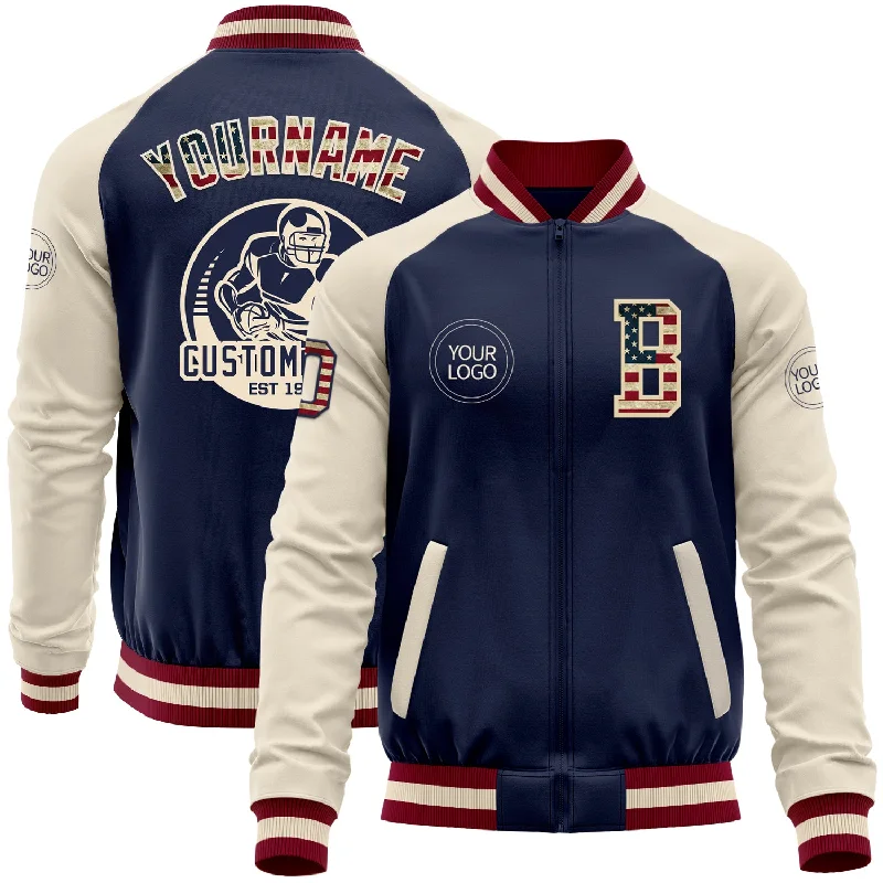 One Size Navy Vintage USA Flag Cream-Maroon Bomber Varsity Letterman Two Tone Zipper Jacket