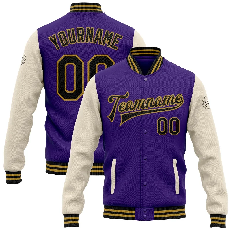 One Size Purple Black Cream-Old Gold Bomber Full-Snap Varsity Letterman Two Tone Jacket