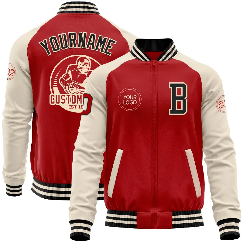 One Size Red Black-Cream Bomber Varsity Letterman Two Tone Zipper Jacket