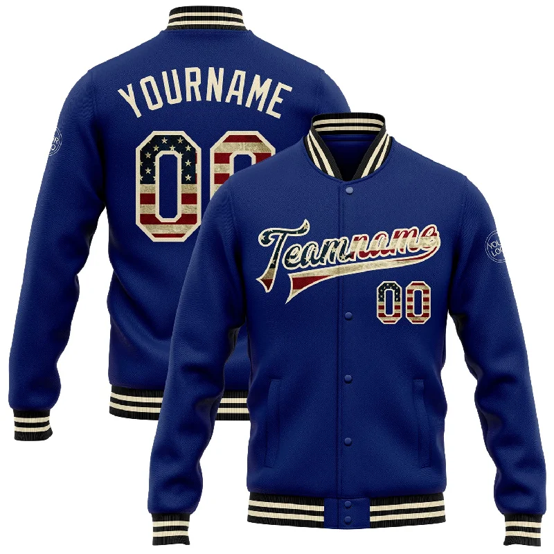 One Size Royal Vintage USA Flag Cream-Black Bomber Full-Snap Varsity Letterman Jacket