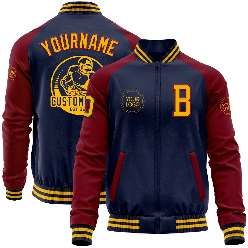 One Size Navy Gold-Crimson Bomber Varsity Letterman Two Tone Zipper Jacket