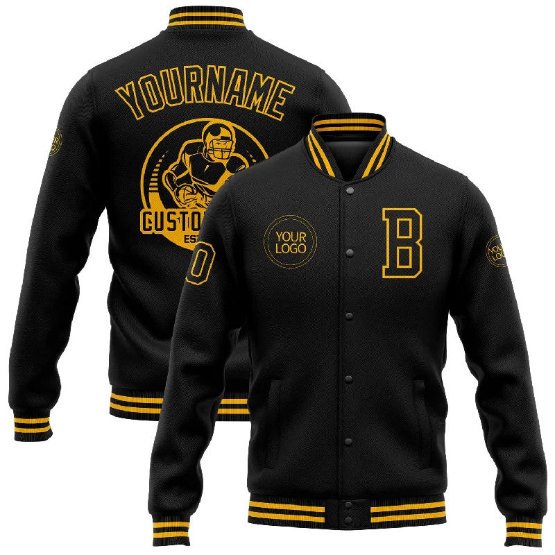 One Size Black Gold Bomber Full-Snap Varsity Letterman Jacket