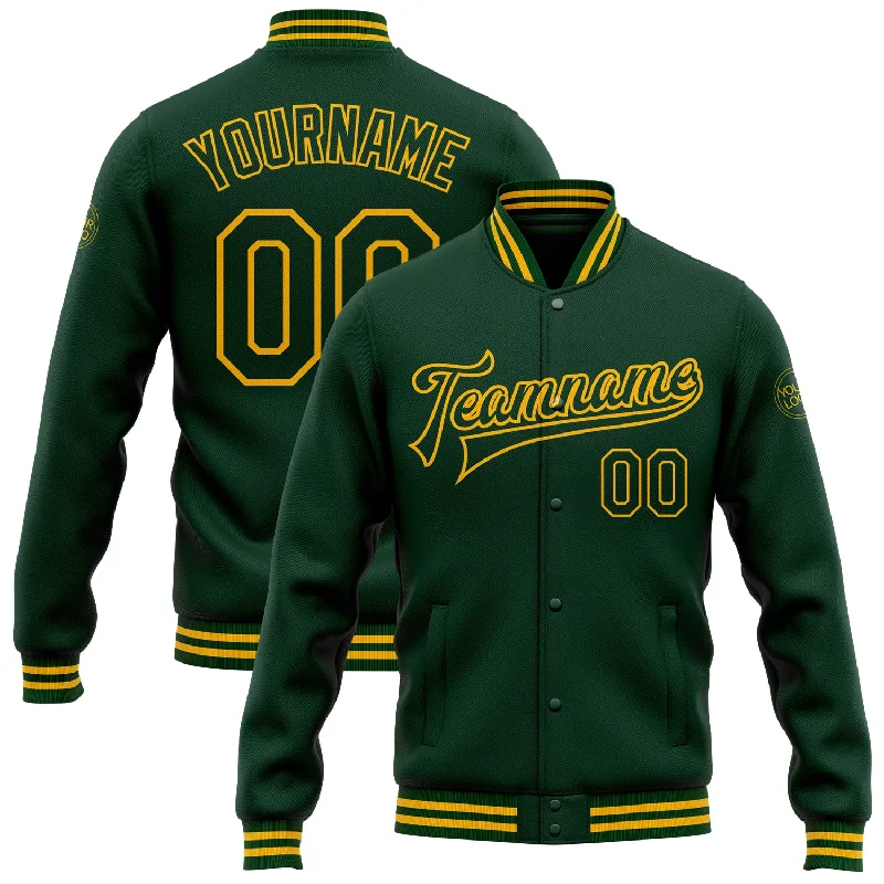 One Size Green Gold Bomber Full-Snap Varsity Letterman Jacket