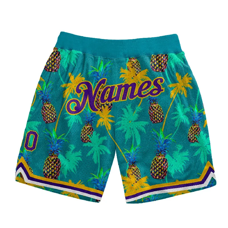 Oversized Unisex Apparel For Effortless Style One Size Kelly Green Purple-Gold 3D Pattern Design Palm Trees Pineapples Authentic Basketball Shorts