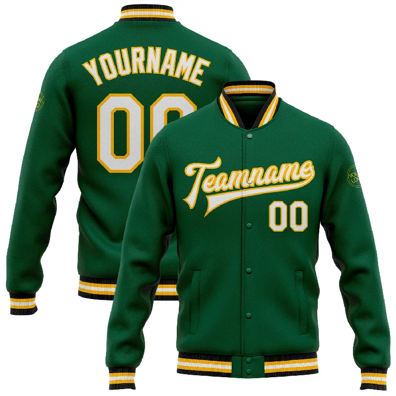 One Size Kelly Green White-Gold Bomber Full-Snap Varsity Letterman Jacket