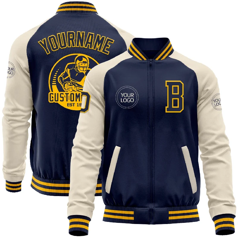 One Size Navy Gold-Cream Bomber Varsity Letterman Two Tone Zipper Jacket