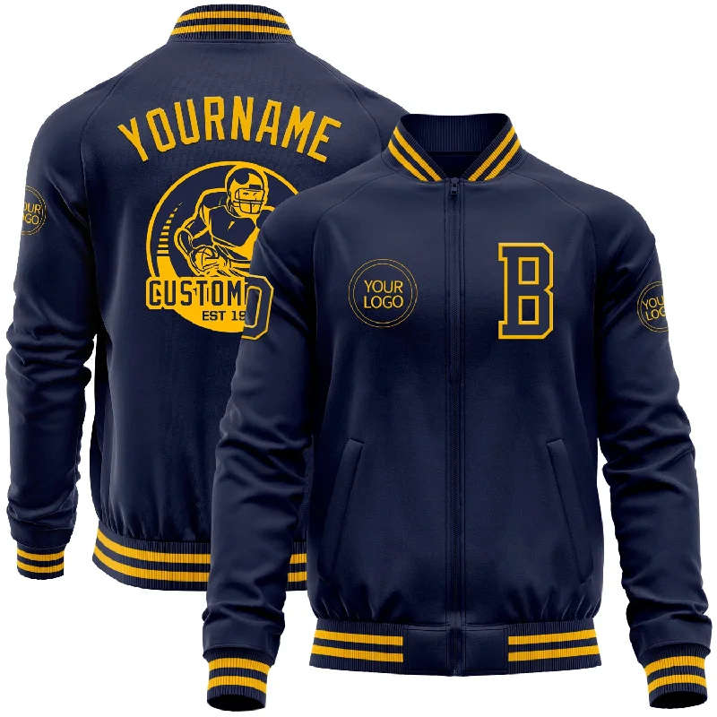 One Size Navy Gold Bomber Varsity Letterman Zipper Jacket