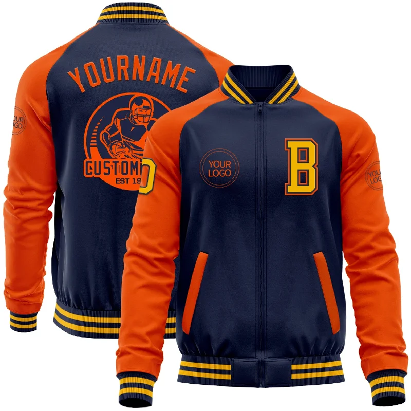 One Size Navy Orange-Gold Bomber Varsity Letterman Two Tone Zipper Jacket