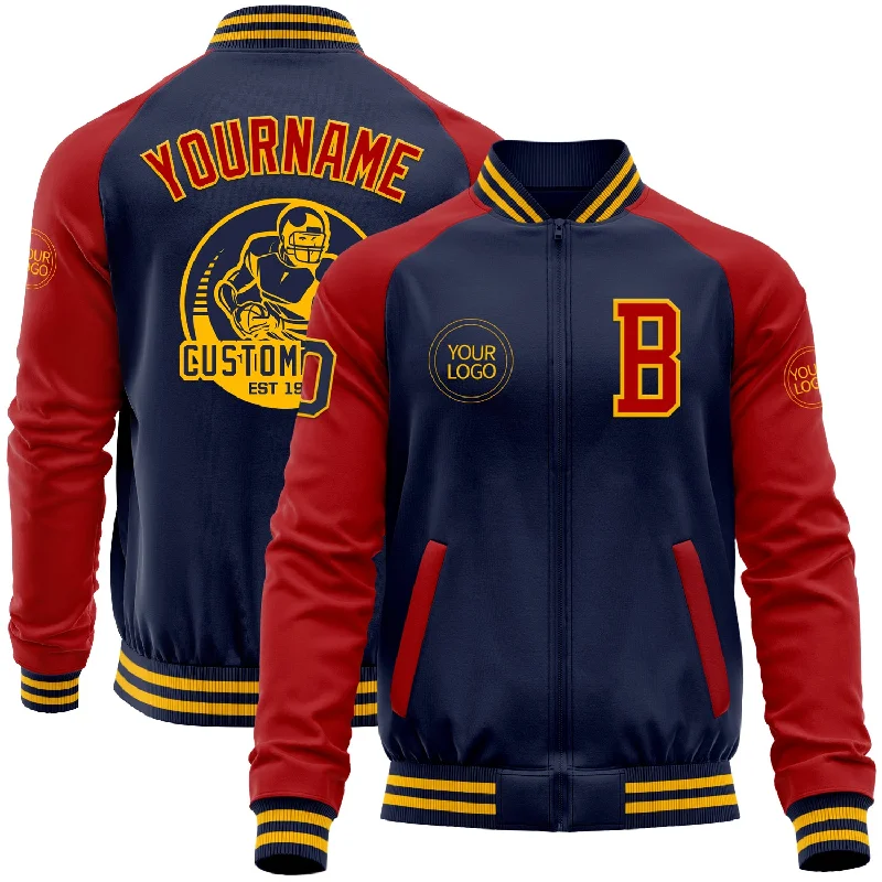 One Size Navy Red-Gold Bomber Varsity Letterman Two Tone Zipper Jacket