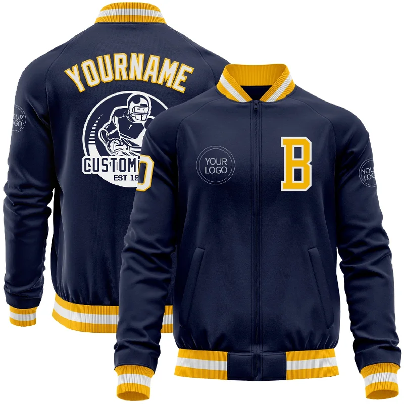 One Size Navy White-Gold Bomber Varsity Letterman Zipper Jacket