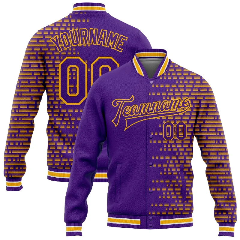 One Size Purple Gold-White Halftone 3D Pattern Design Bomber Full-Snap Varsity Letterman Jacket