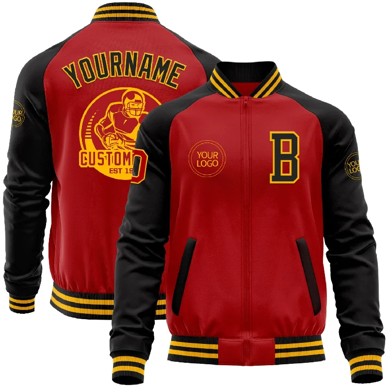 One Size Red Black-Gold Bomber Varsity Letterman Two Tone Zipper Jacket