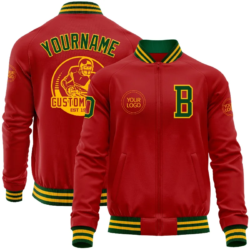 One Size Red Green-Gold Bomber Varsity Letterman Zipper Jacket