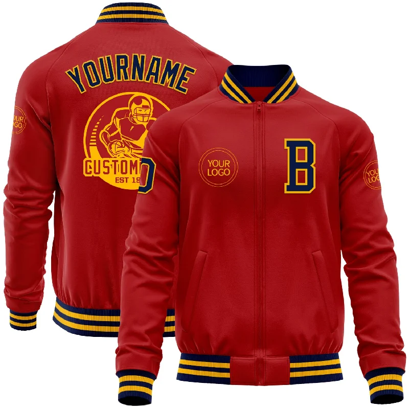 One Size Red Navy-Gold Bomber Varsity Letterman Zipper Jacket