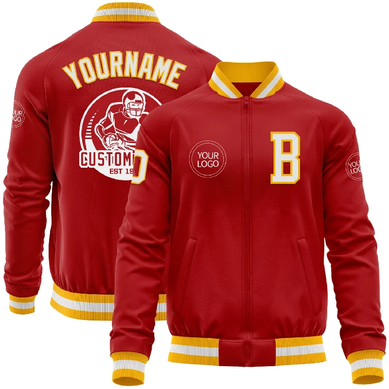 One Size Red White-Gold Bomber Varsity Letterman Zipper Jacket