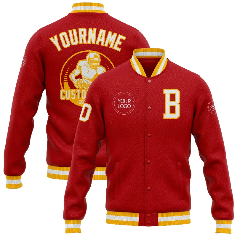 One Size Red White-Gold Bomber Full-Snap Varsity Letterman Jacket