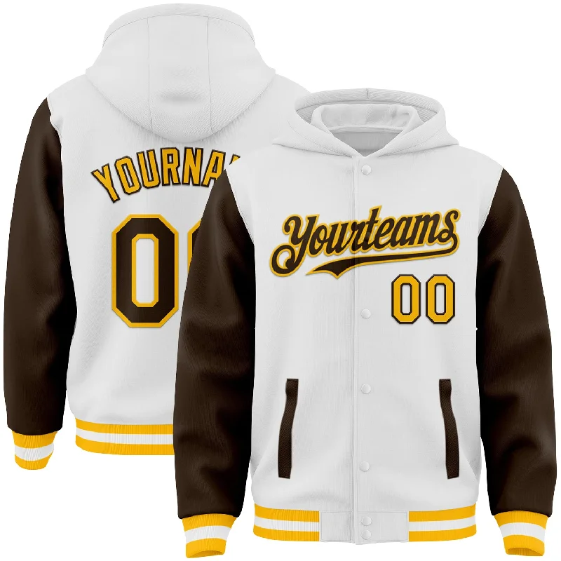 One Size White Brown-Gold Bomber Full-Snap Varsity Letterman Two Tone Hoodie Jacket