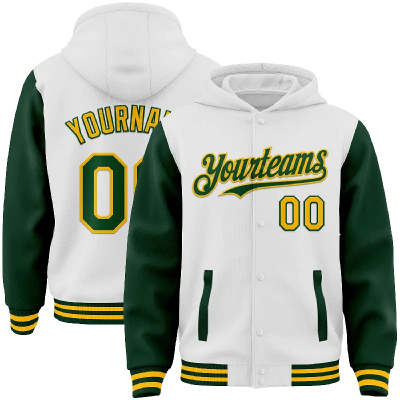 One Size White Green-Gold Bomber Full-Snap Varsity Letterman Two Tone Hoodie Jacket