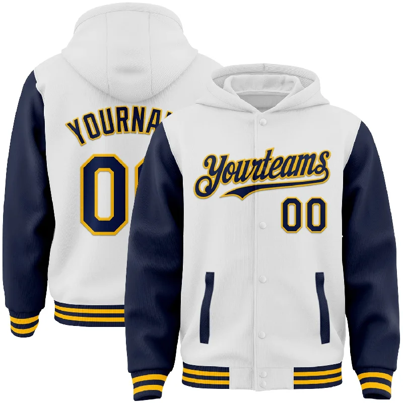 One Size White Navy-Gold Bomber Full-Snap Varsity Letterman Two Tone Hoodie Jacket