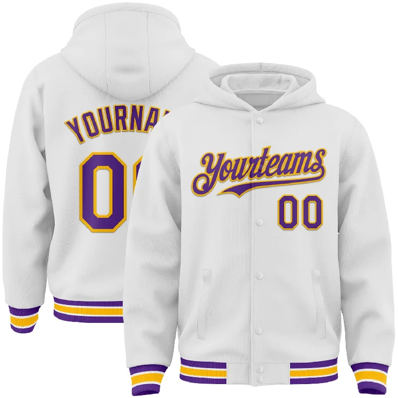 One Size White Purple-Gold Bomber Full-Snap Varsity Letterman Hoodie Jacket