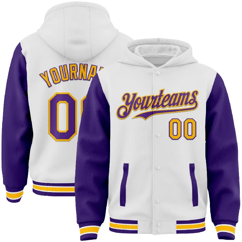 One Size White Purple-Gold Bomber Full-Snap Varsity Letterman Two Tone Hoodie Jacket