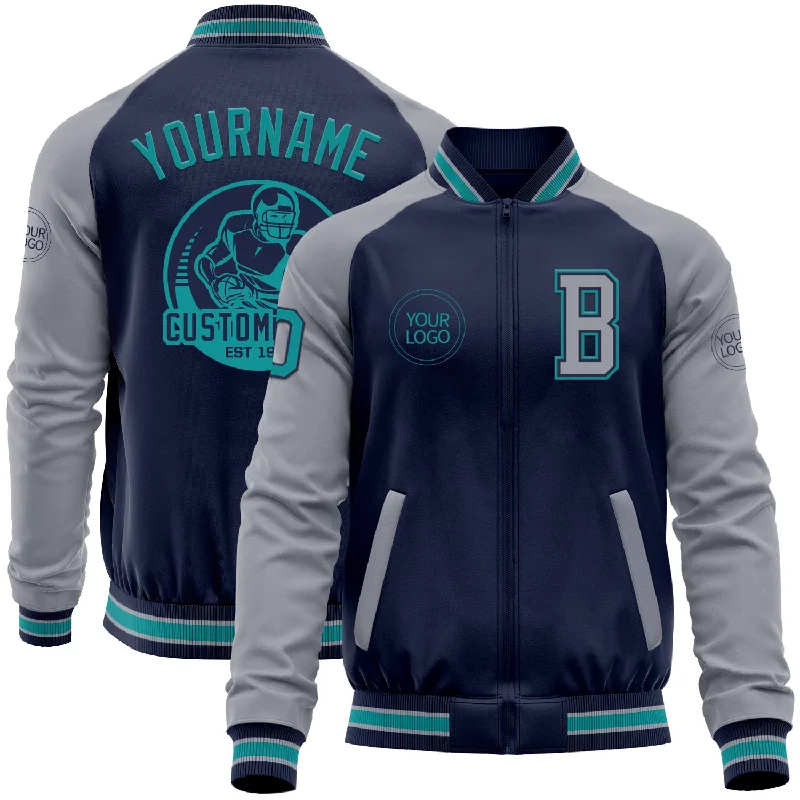 One Size Navy Teal-Gray Bomber Varsity Letterman Two Tone Zipper Jacket